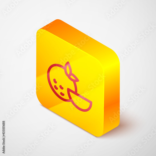 Isometric line Orange fruit icon isolated on grey background. Yellow square button. Vector