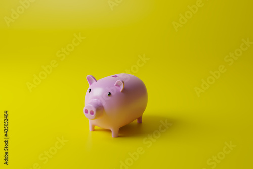 Pink piggy bank placed on a yellow background 3d rendering