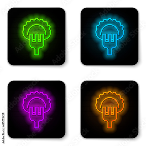 Glowing neon line Dumplings on fork icon isolated on white background. Pierogi, varenyky, pelmeni, ravioli. Traditional Ukrainian food. Black square button. Vector