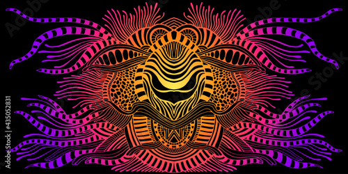 Fantastic psychedelic abstract shamanic ornament, gradient neon color, isolated black background.