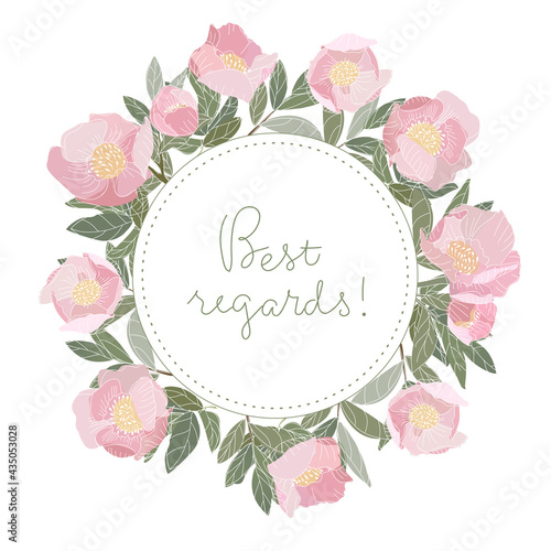 floral frame. Pink peonies are collected in border on a green background. Suitable for postcards, greeting cards, invitations. Lettering Best regards