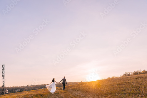 Wallpaper Mural Emotional newlyweds are walking in the meadow against the backdrop of sunset, holding hands. Torontodigital.ca