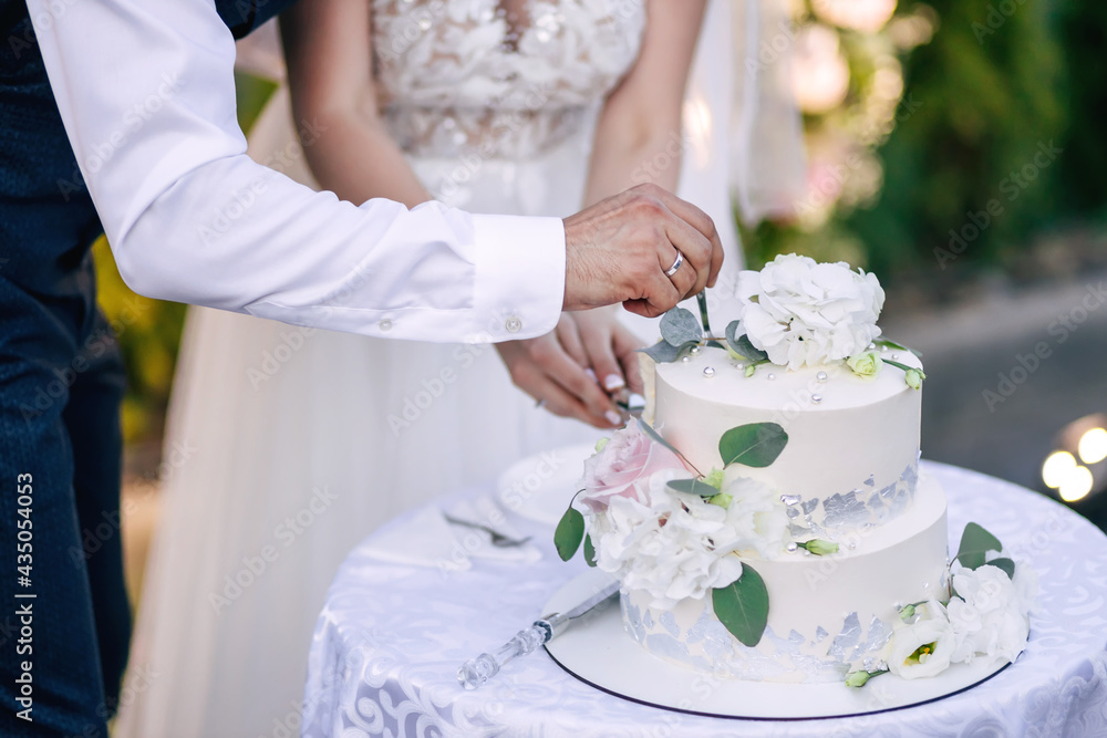 The bride and groom cut out a piece of a large and delicious two-tiered cake with a knife. Wedding dessert for the newlyweds in the restaurant The bride and groom cut out a piece of a large and delicious two-tiered cake with a knife. Wedding dessert for the newlyweds in the restaurant