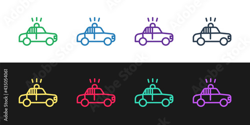 Set line Police car and police flasher icon isolated on black and white background. Emergency flashing siren. Vector