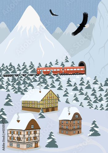 Winter hand drawn poster country scene in alpine mountains. Express train travels on railway and exits tunnel. Landscape snowy slopes with fir forest and European houses of highland settlement