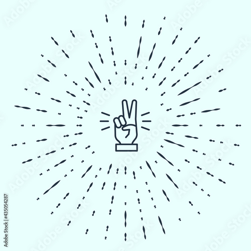 Black line Hand showing two finger icon isolated on grey background. Victory hand sign. Abstract circle random dots. Vector