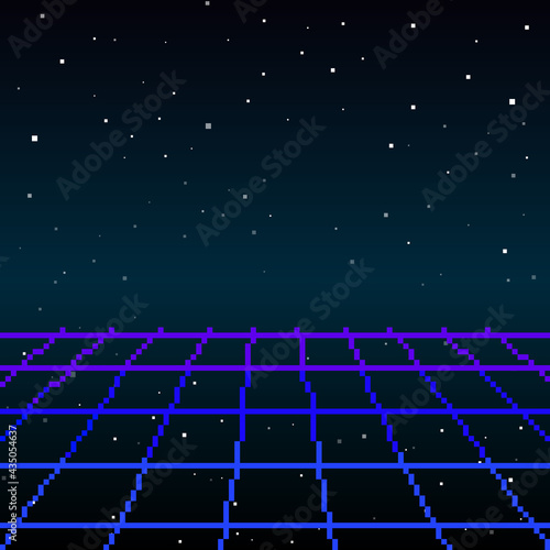 Pixel art of 80s Retro sci-Fi background. Pixel art background. 8bit. Pixel vector illustration