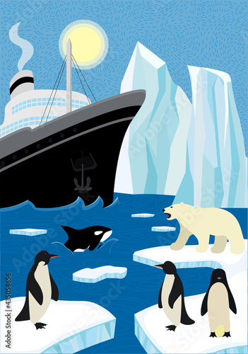 Winter hand-drawn poster north shipping in wildlife. Sail icebreaker and iceberg in northern ocean. Polar bear and penguins sitting on ice floe, killer whale emerge from wave. Arctic and antarctic