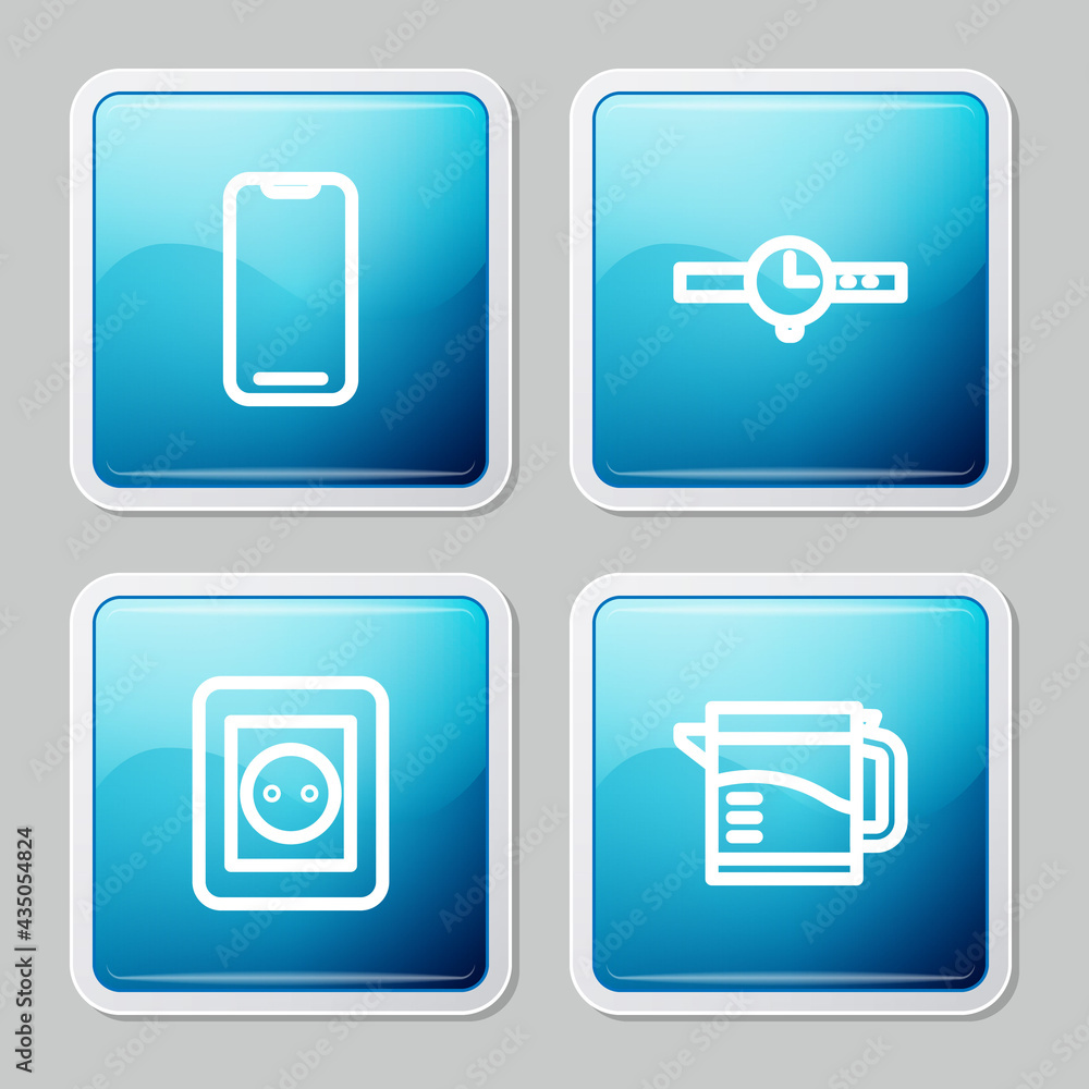 Set line Smartphone, Wrist watch, Electrical outlet and kettle icon. Vector Set line Smartphone, Wrist watch, Electrical outlet and kettle icon. Vector