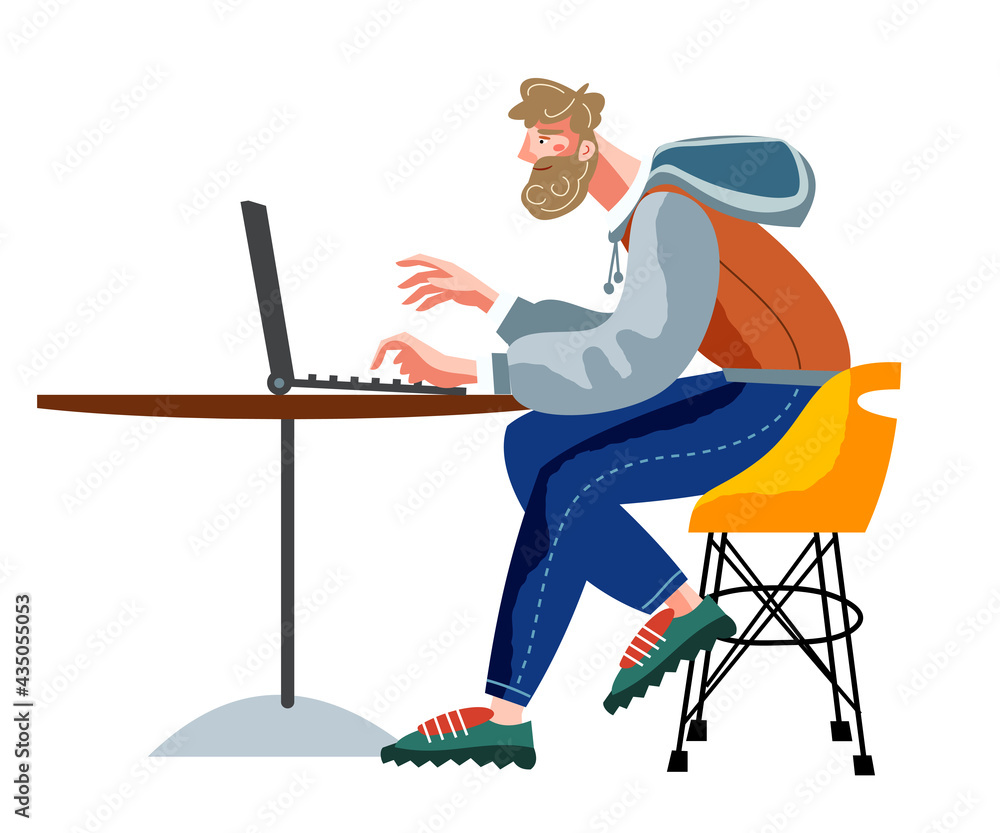 Man doing freelance work sitting at table. Young guy working with computer on desk online vector illustration. Modern lifestyle scene, remote business workplace with coffee outdoor