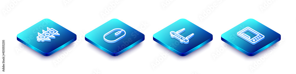 Set Isometric line Traffic light, Computer mouse, Router and wi-fi signal and Microwave oven icon. Vector Set Isometric line Traffic light, Computer mouse, Router and wi-fi signal and Microwave oven icon. Vector