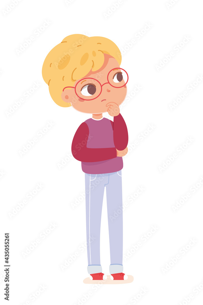 Thoughtful boy standing, looking and thinking. Positive emotion and interest of child vector illustration. Cute little kid in good mood with pensive face on white background