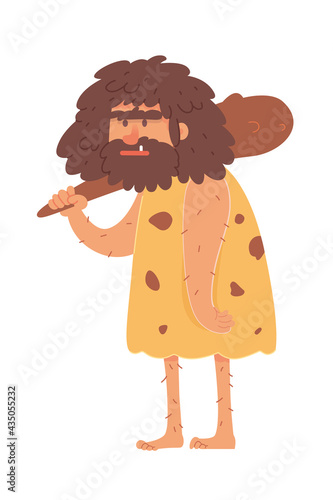 Caveman with stick in Stone Age. Prehistoric ancient history vector illustration. Man with beard standing isolated on white background. Archaic museum character figure with tool