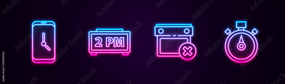 Set line Alarm clock app mobile, Digital alarm, Calendar date delete and Stopwatch. Glowing neon icon. Vector Set line Alarm clock app mobile, Digital alarm, Calendar date delete and Stopwatch. Glowing neon icon. Vector