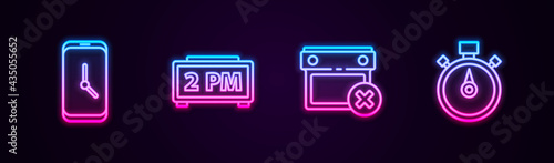 Set line Alarm clock app mobile, Digital alarm, Calendar date delete and Stopwatch. Glowing neon icon. Vector