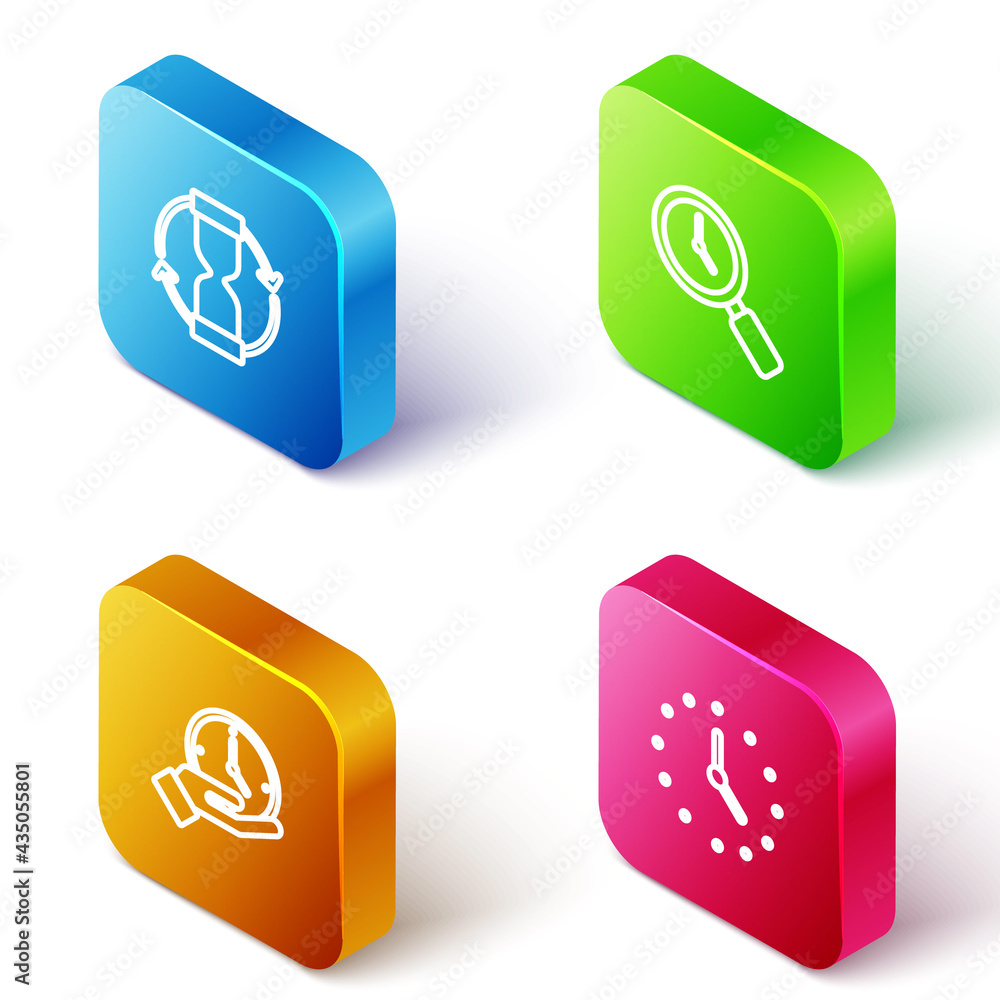 Fototapeta premium Set Isometric line Old hourglass, Magnifying with clock, Clock and icon. Vector