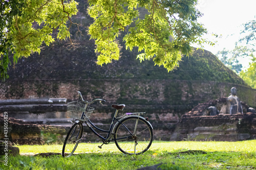 Bicycle in front of a temple at the Archaeological Historic Site of Polonnaruwa in Sri Lanka