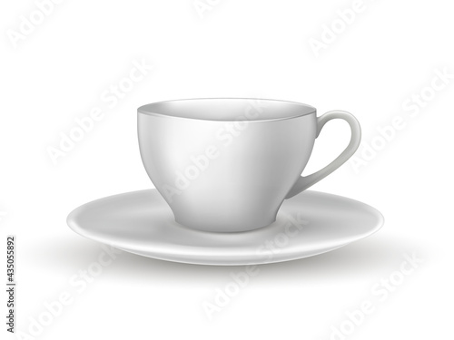 Cup on plate for tea set. Porcelain or ceramic traditional tableware with handle for teatime vector illustration. Healthy drink modern simple crockery isolated on white background.