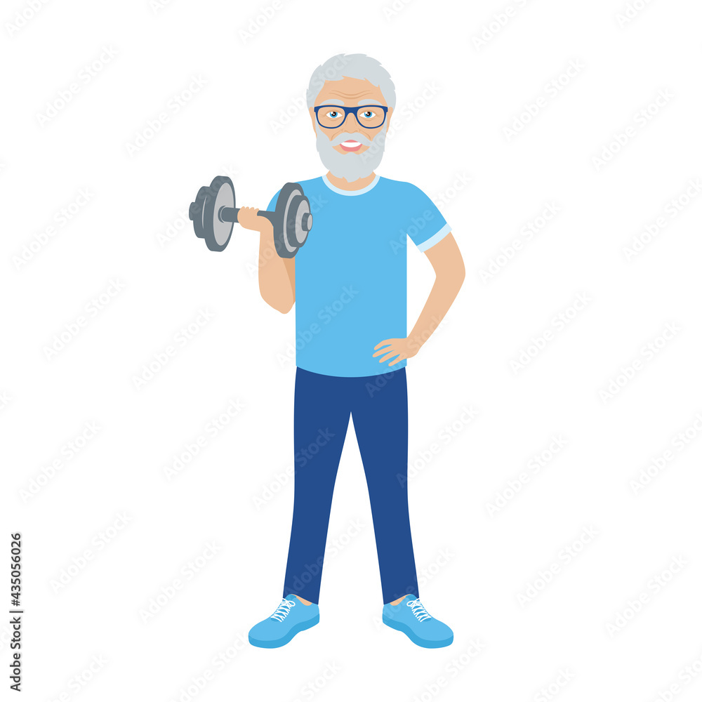 Happy elderly man with barbell icon vector. Cheerful old man exercise hold dumbbell vector. Senior fitness exercise icon isolated on a white background Happy elderly man with barbell icon vector. Cheerful old man exercise hold dumbbell vector. Senior fitness exercise icon isolated on a white background