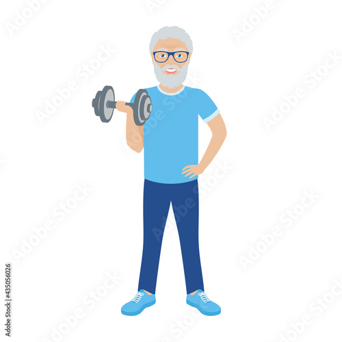 Happy elderly man with barbell icon vector. Cheerful old man exercise hold dumbbell vector. Senior fitness exercise icon isolated on a white background