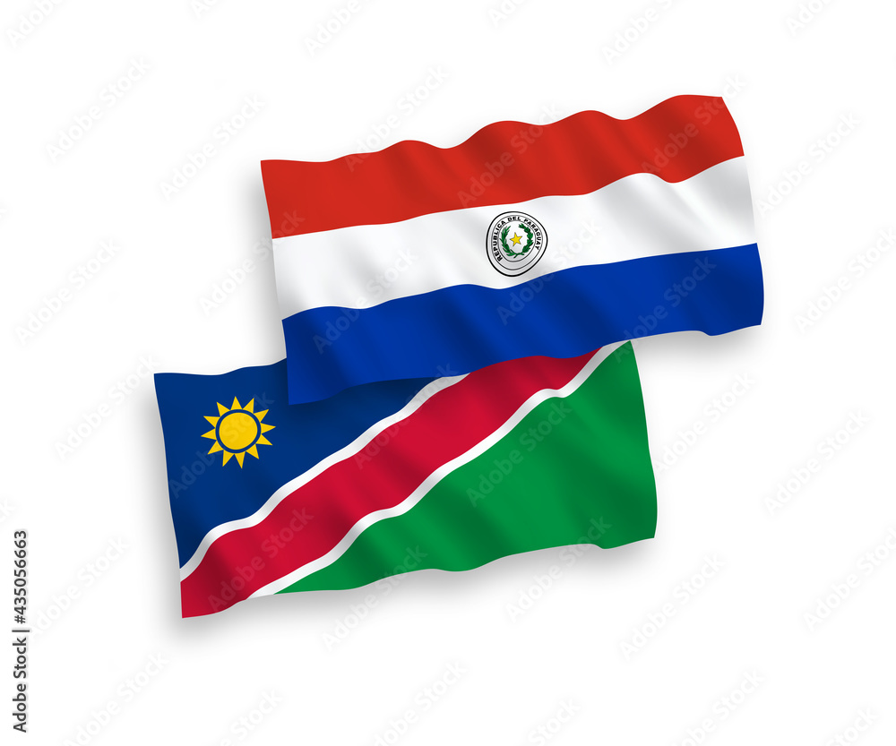 National vector fabric wave flags of Republic of Namibia and Paraguay isolated on white background. 1 to 2 proportion.
