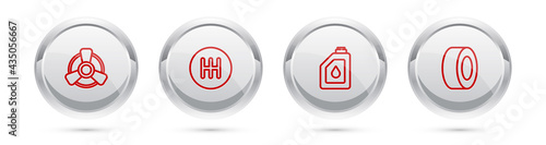 Set line Car motor ventilator, Gear shifter, Canister for oil and tire. Silver circle button. Vector