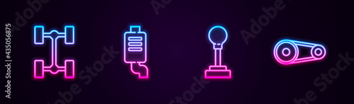 Set line Chassis car, Car muffler, Gear shifter and Timing belt kit. Glowing neon icon. Vector