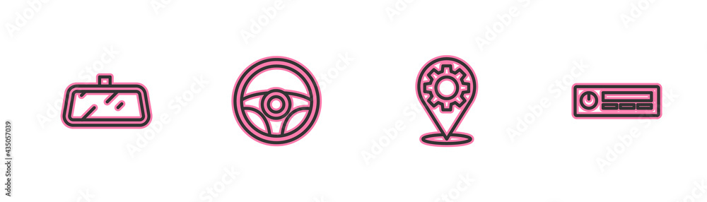 Set line Car mirror, service, Steering wheel and Audio icon. Vector Set line Car mirror, service, Steering wheel and Audio icon. Vector