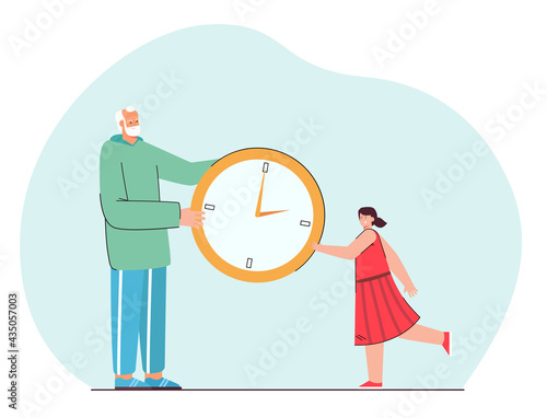 Grandfather and little girl holding giant watch together. Flat vector illustration. Tiny cartoon old man giving huge clock little girl in dress. Time, generation, family concept for banner design