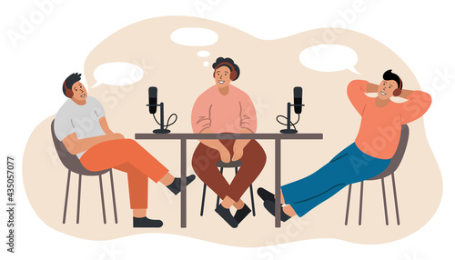 Cartoon people recording podcast in studio. Person radio host interviewing guests on radio station.