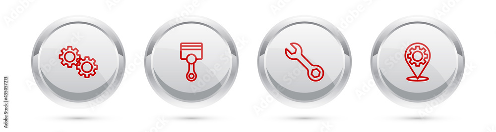 Set line Gear, Engine piston, Wrench spanner and Car service. Silver circle button. Vector Set line Gear, Engine piston, Wrench spanner and Car service. Silver circle button. Vector