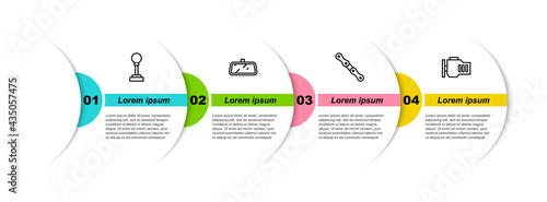 Set line Gear shifter, Car mirror, chain and Check engine. Business infographic template. Vector