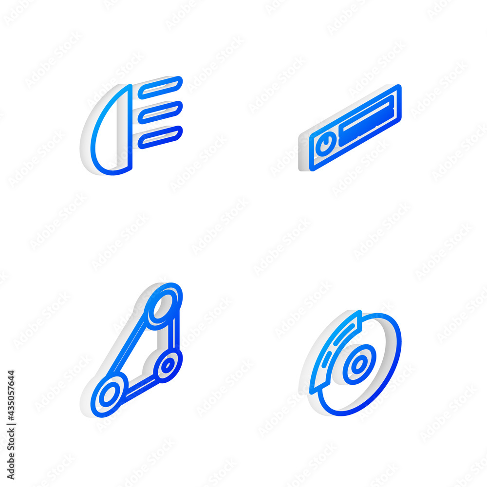 Set Isometric line Car Audio, High beam, Timing belt kit and brake disk with caliper icon. Vector Set Isometric line Car Audio, High beam, Timing belt kit and brake disk with caliper icon. Vector