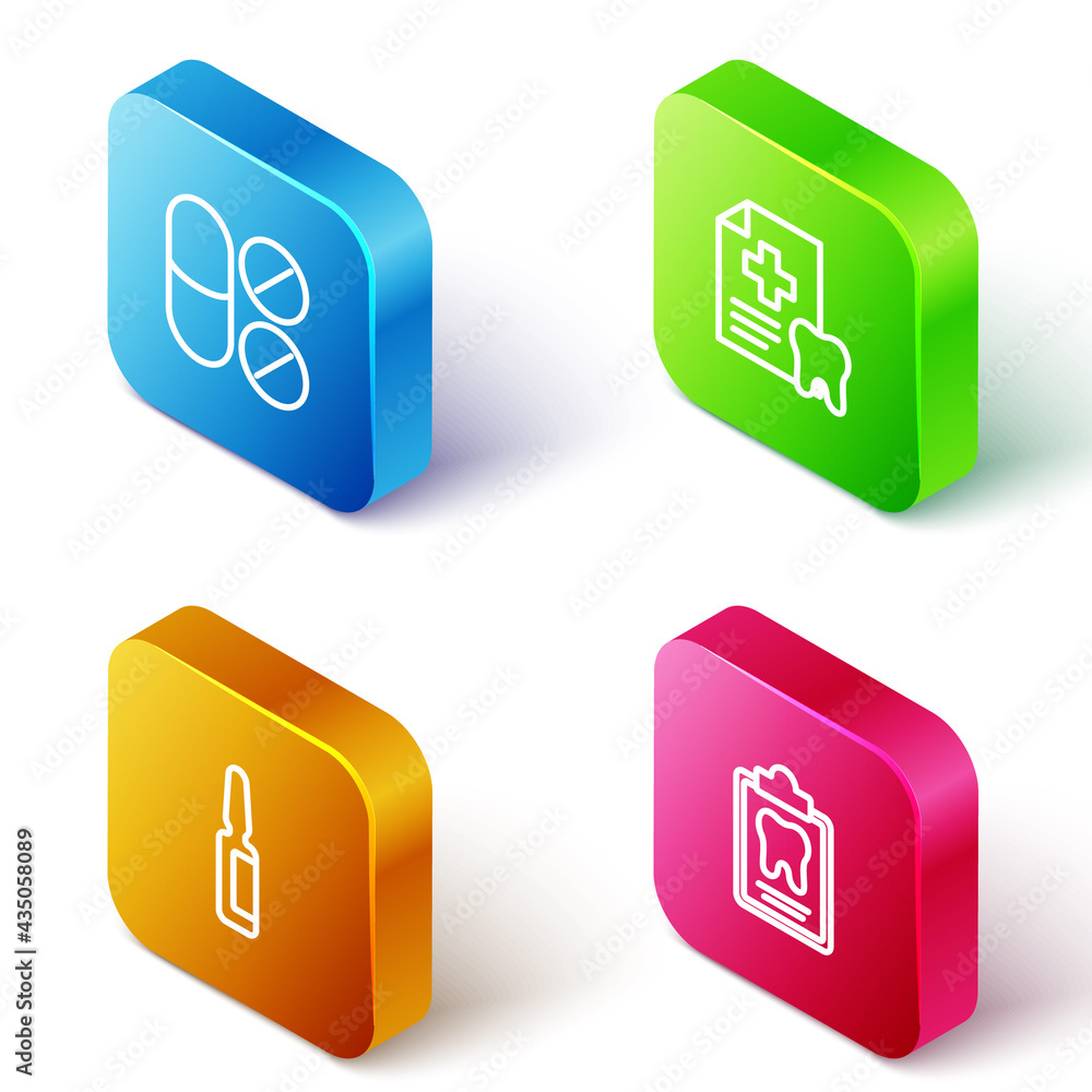 Set Isometric line Painkiller tablet, Dental card, and icon. Vector