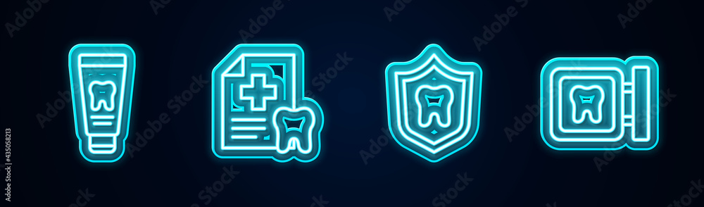 Set line Tube of toothpaste, Dental card, protection and clinic location. Glowing neon icon. Vector