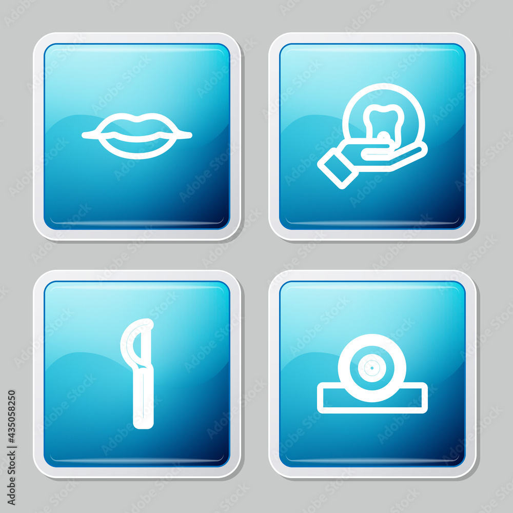 Set line Smiling lips, Tooth, Dental floss and Otolaryngological head reflector icon. Vector