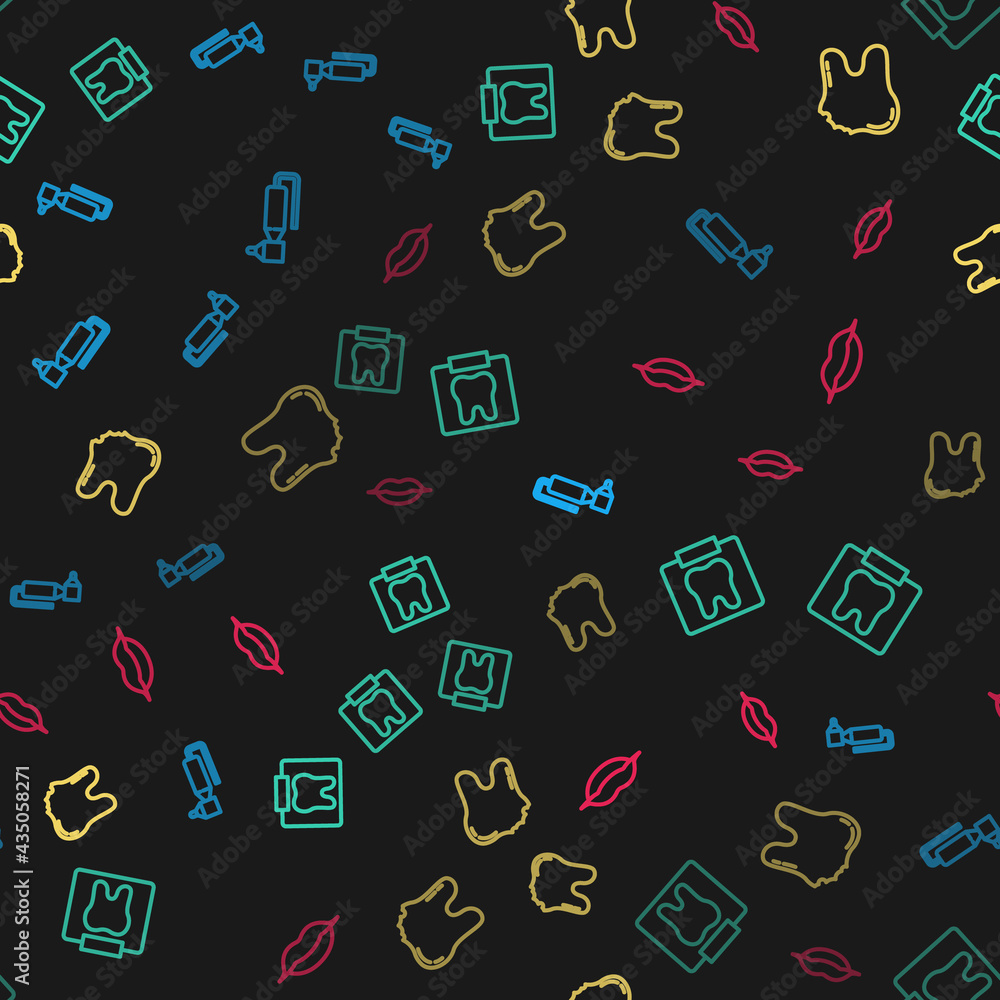 Set line Tooth drill, X-ray of tooth, Broken and Smiling lips on seamless pattern. Vector Set line Tooth drill, X-ray of tooth, Broken and Smiling lips on seamless pattern. Vector