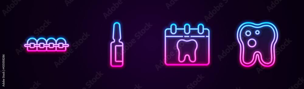 Fototapeta premium Set line Teeth with braces, Painkiller tablet, Calendar tooth and Tooth caries. Glowing neon icon. Vector