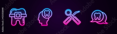 Set line Teeth with braces, Human head tooth, Dental inspection mirror and Tooth. Glowing neon icon. Vector