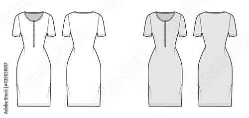 Dress henley collar technical fashion illustration with short sleeves, fitted body, knee length pencil skirt. Flat apparel front, back, white, grey color style. Women, men unisex CAD mockup