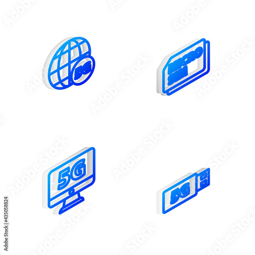 Set Isometric line Micro Sim Card, 5G network, Monitor with and modem icon. Vector