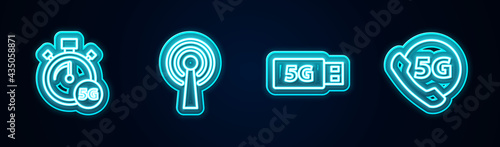 Set line Digital speed meter 5G, Antenna, modem and Phone with network. Glowing neon icon. Vector