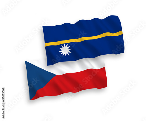 National vector fabric wave flags of Czech Republic and Republic of Nauru isolated on white background. 1 to 2 proportion.