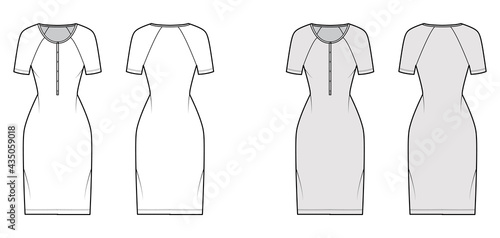 Dress henley collar technical fashion illustration with short raglan sleeves, fitted body, knee length pencil skirt. Flat apparel front, back, white, grey color style. Women, men unisex CAD mockup