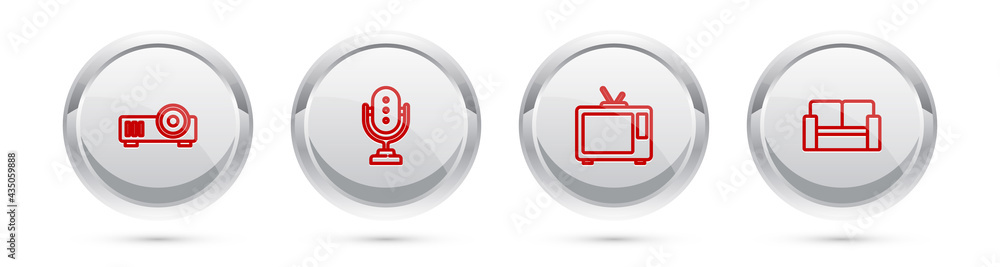 Set line Media projector, Microphone, Retro tv and Cinema chair. Silver circle button. Vector Set line Media projector, Microphone, Retro tv and Cinema chair. Silver circle button. Vector