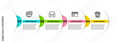 Set line Action extreme camera, Cinema chair, Movie clapper and Popcorn box. Business infographic template. Vector