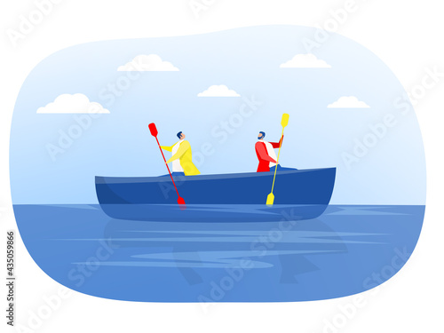 Two businessmen rowing in the different directions in a canoe, Conflict situation vector illustration