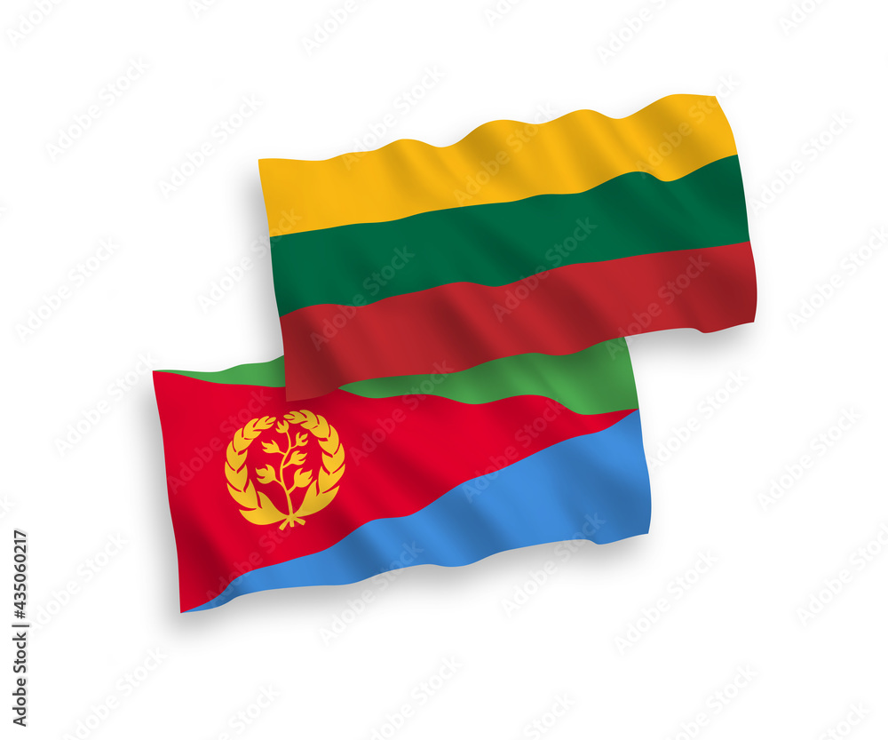National vector fabric wave flags of Lithuania and Eritrea isolated on white background. 1 to 2 proportion.