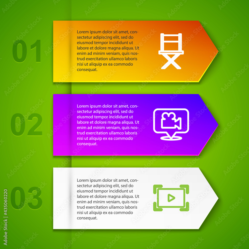 Set line Director movie chair, Camera and location, Online play video and CD disk award frame. Business infographic template. Vector Set line Director movie chair, Camera and location, Online play video and CD disk award frame. Business infographic template. Vector