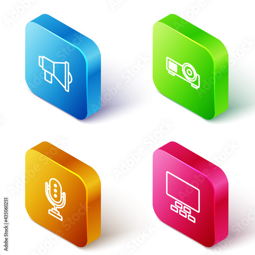 Set Isometric line Megaphone, Media projector, Microphone and Cinema auditorium with seats icon. Vector